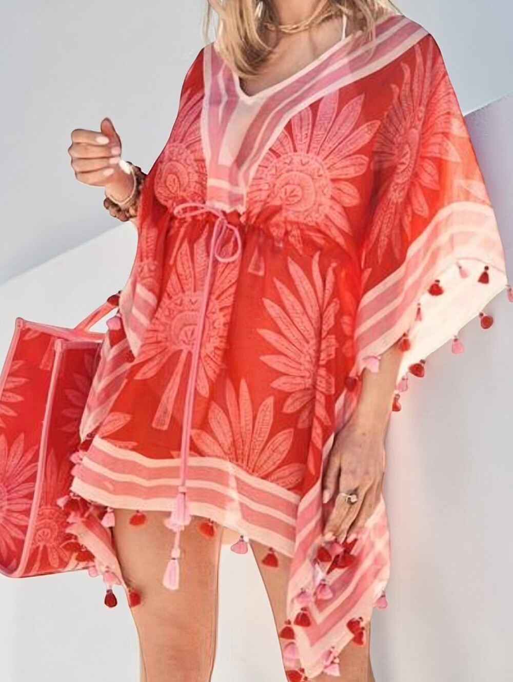 Spartina 449 Linen Blend Beach Cover Up Coral Tassels Luxury Resort Floral OS